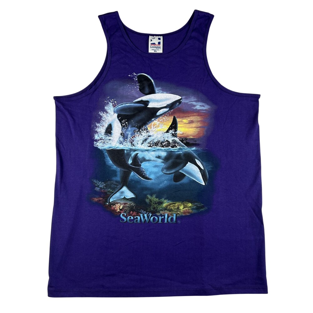 Vintage Lexington SeaWorld Shirt Mens XL Purple Orca Whale Tank Top Made USA 90s